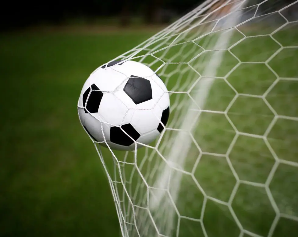 Soccer Football in Goal Net With Green Grass Field